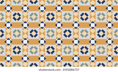 A classic symphony of tiles composed of a combination of geometric shapes in shades of blue, cream and brown, creating a classic and elegant effect