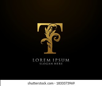 Classic T Letter Icon. Luxury Gold alphabet arts logo. Vintage drawn emblem for book design, brand name, stamp, Restaurant, Boutique, Notary, Hotel.  