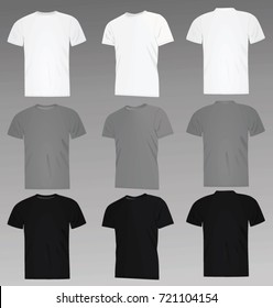 Classic t shirt. white, grey and black, front, side and back view. vector illustration 