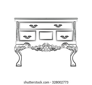 Classic table furniture with royal luxury ornaments and drawers. Vector