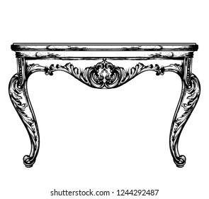 Classic table furniture Vector. Detailed front view with engraved ornament decors. Line art vintage black colors