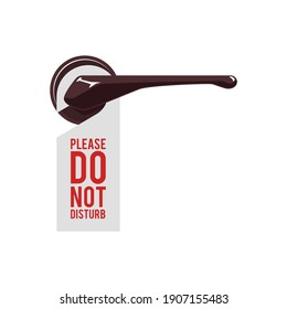 Classic tag on door handle. Paper or plastic white hanger for door knob with red text Do not disturb. Warning sign of privacy for hotel, resort room. Vector isolated illustration