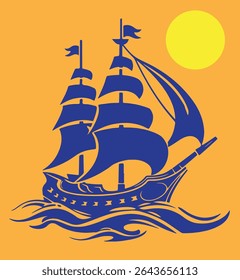 Classic Tall Ship Silhouette on Ocean Waves