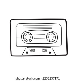 Classic Tape Old Cassette Doodle Clip Art Concept Vector Design Outline Style On White Background Isolated Outline Music, Sound, Audio, Relax. Vector Illustration