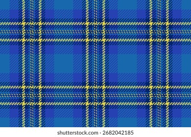 Padrão de tartã clássico em tons de azul e amarelo. Ideal para têxteis, fundos ou designs que precisam de um toque de tradição e cores vibrantes. Versátil para moda, artesanato.