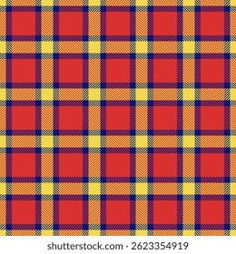 Classic tartan pattern featuring vibrant red, yellow, and navy. Seamless textile design. Perfect for backgrounds, wrapping paper, and fabric mockups. Warm, cozy feel.