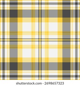 Patrón clásico de tartán en amarillo, gris y blanco. Textura versátil para textiles, moda o fondos. Símbolo de tradición, comodidad y estilo.