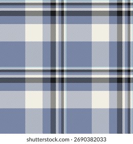 O tartan clássico reproduzia o padrão em azul, creme e preto. Design têxtil intemporal para fundos, vestuário ou projetos criativos que exigem um toque tradicional.