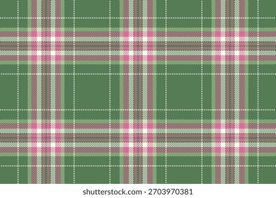 Classic tartan plaid pattern. A seamless, pixelated design in green, pink, and white. Textile texture, apparel, backdrop, or graphic element. Versatile for autumn and winter themes.