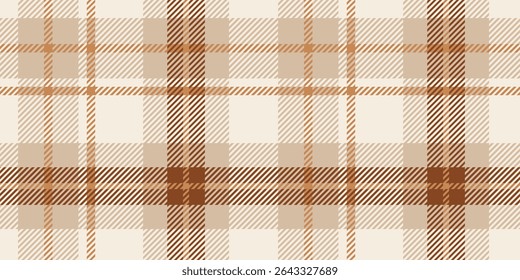 A classic tartan plaid pattern in soft beige and brown hues with a crisscrossed geometric design of squares and lines, creating a warm and timeless style suitable for textiles or decor.