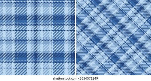 Tartan clássico jogado padrão sem emenda em tons de azul. Versátil para têxteis, fundos, papel de embrulho e desenhos digitais. Textura de estilo sem tempo.