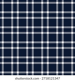 Classic tartan seamless pattern. Navy blue and white checkered design perfect for fabrics, backgrounds, and festive projects. Versatile and timeless.