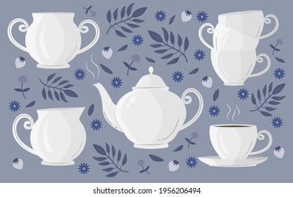 Classic tea set collection. Vector illustration of teapot, cups, sugar bowl, milk jug.