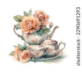 Classic tea set with roses in watercolor
