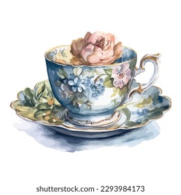 Classic teacup with rose inside in watercolor