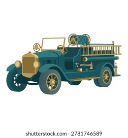 A classic teal and gold fire engine from the early 20th century, depicted in a vector illustration style.