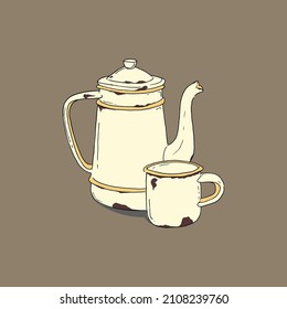 classic teapot. kitchen equipment. household furniture. coffee. tea. ceramic teapot and cup. illustrations and vectors