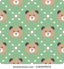 Classic teddy bear face on a green background with polka dot texture, cute woodland animals kids seamless pattern background for wrapping paper, fabric and textile print