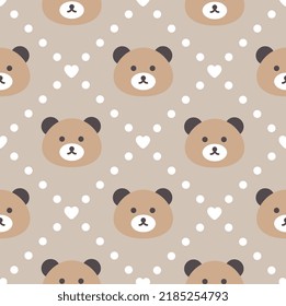 Classic teddy bear face on a pastel brown background with polka dot texture, cute woodland animals kids seamless pattern background for wrapping paper, fabric and textile print