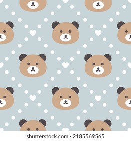 Classic teddy bear face on a pastel blue background with polka dot texture, cute woodland animals kids seamless pattern background for wrapping paper, fabric and textile print