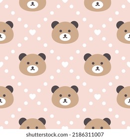 Classic teddy bear face on a pastel pink background with polka dot texture and heart, cute woodland animals kids seamless pattern background for wrapping paper, fabric and textile print