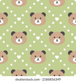 Classic teddy bear face on a green background with polka dot texture and heart, cute woodland animals kids seamless pattern background for wrapping paper, fabric and textile print