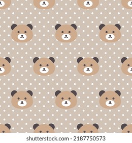 Classic teddy bear face on a pastel brown background with polka dot texture, cute woodland animals kids seamless pattern background for wrapping paper, fabric and textile print