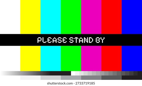 Classic television test pattern featuring vibrant color bars and 'PLEASE STAND BY' message. Ideal for retro, broadcast, signal loss, or vintage media concepts.