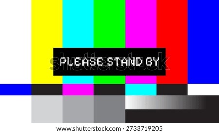 Classic television test pattern with SMPTE color bars and pixelated 'PLEASE STAND BY' message. Ideal for retro, broadcast, or error concepts.