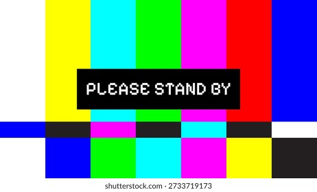 Patrón de prueba de televisión clásico con barras de colores vibrantes y texto pixelado "POR FAVOR, QUÉDESE AL LADO". Ideal para temas retro, de espera o técnicos.