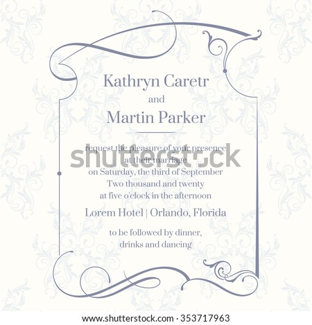 Classic template for greeting cards, invitations, menus. Graphic design page. Wedding invitation. Frame with calligraphic elements.