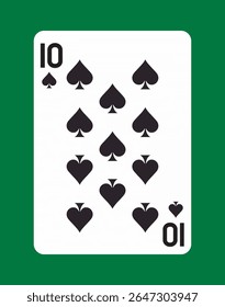 Classic ten of spades playing card with black spade symbols and bold number design, flat graphic style on green background. Concept of gambling and games. Vector illustration