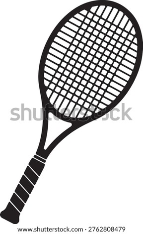 A classic tennis racket with a detailed string pattern and grip silhouette vector icon