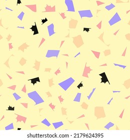 Classic Terrazzo texture with pink, blue, black and beige crumbs or splashes scattered on a light background. Modern stylish abstract flat style illustration for fabric print, wrapping paper.