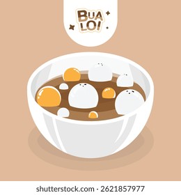 Sobremesa tailandesa clássica Bua Loi Nam King com recheio de gergelim preto. Bolinhas de arroz glutinoso em xarope de gengibre quente. Ilustração vetorial.