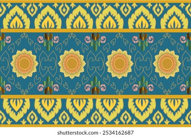 Patrón clásico de tela tailandesa, color dorado, forma geométrica sin costuras, ilustración de fondo verde oscuro, Fondo de pantalla de borde. Vector, diseño.