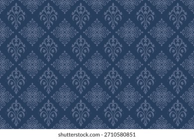 Classic Thai ornamental seamless pattern in silver tones on navy background with elegant symmetrical motifs. Perfect for textiles, wallpaper, packaging, and cultural decorative designs.