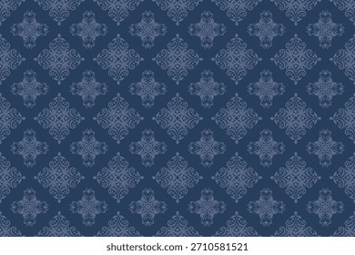Classic Thai ornamental seamless pattern in gray tones on a navy background, featuring elegant symmetrical motifs. Suitable for textiles, wallpaper, packaging, and cultural design projects.