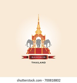 Classic Thai Temple with Golden Elements of ornament and Elephant on a gradient yellow background.