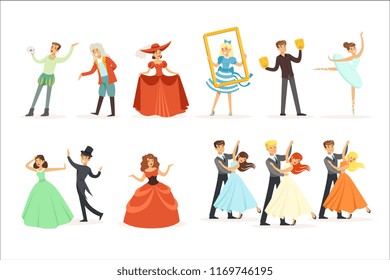 Classic Theater And Artistic Theatrical Performances Series Of Illustrations With Opera, Ballet And Drama Performers On Stage