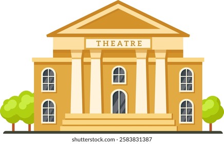 Classic theater building featuring majestic columns and elegant windows, surrounded by trees, inviting immersion in the rich world of performing arts within grand architecture