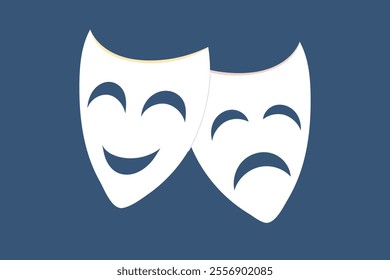 Classic theater masks depicting comedy and tragedy on a solid blue background symbolizing drama and performance