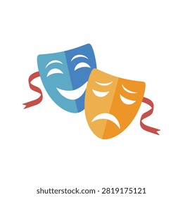 Classic theatrical comedy and tragedy masks with ribbons isolated on transparent background