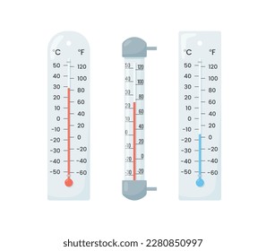 Classic thermometers for air temperature measurement flat style, vector illustration isolated on white background. Celsius and Fahrenheit scales, weather, season, hot and cold