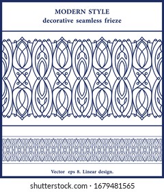 Klassisches, nahtloses Design aus der dünnen Linie. Lineares Spitzenmuster der Vektorillustration. Blumenmotive Horizontalschmuck im Retrostil