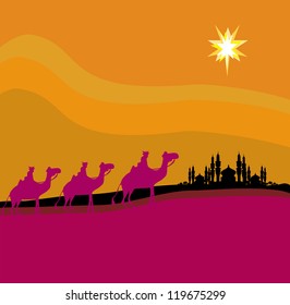  Classic three magic scene and shining star of Bethlehem, vector illustration