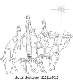 Classic three magic scene and shining star of Bethlehem.
Coloring book