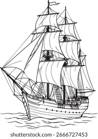 Classic three masted vessel rides gentle waves with rigging and sails detailed for nautical storytelling.