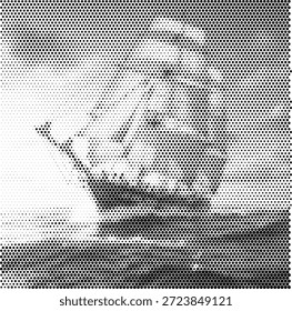 Classic three-masted sailing ship navigating the open sea, rendered in a retro halftone style. This majestic maritime illustration captures the romance of seafaring adventures with historical authenticity. Perfect for maritime history books, seafood restaurant branding, and adventure travel posters. Ideal for nautical and historical projects. Clean illustration for versatile use in vintage designs.