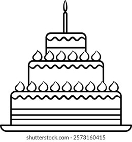 A classic three-tier birthday cake with a lit candle on top vector illustration. Perfect for birthday celebrations and celebrations of any kind.